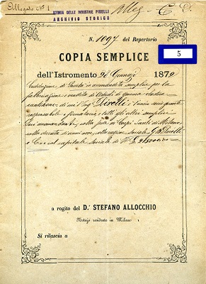 Documento de constitución de la empresa Pirelli 1872